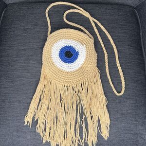 Wayan Natural Wear Round Crochet Evil Eye Shoulder Crossbody Bag Fringe Zip 7"